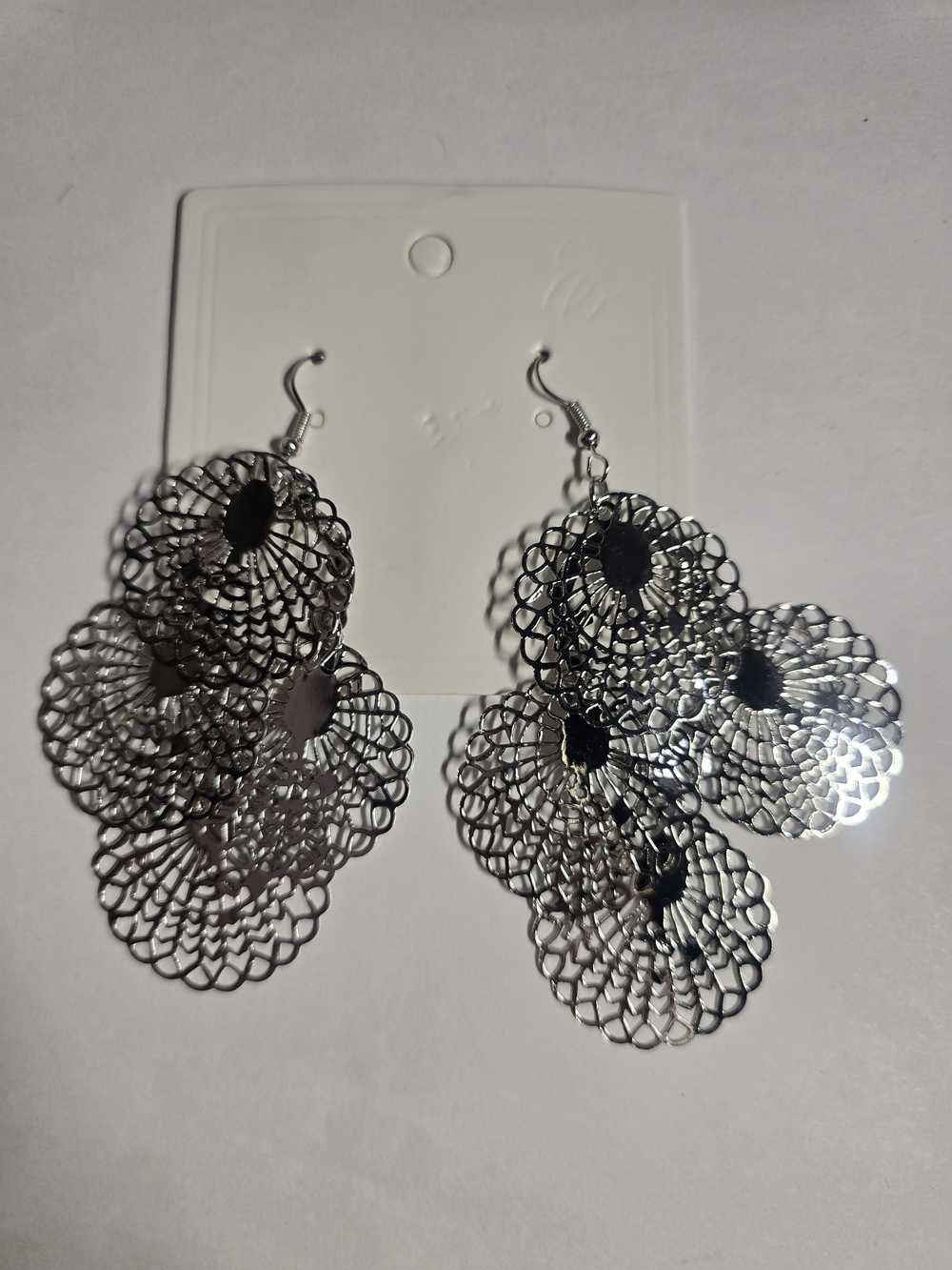 Silver Tone Filigree Floral Cluster Dangle Drop Hook Earrings Statement